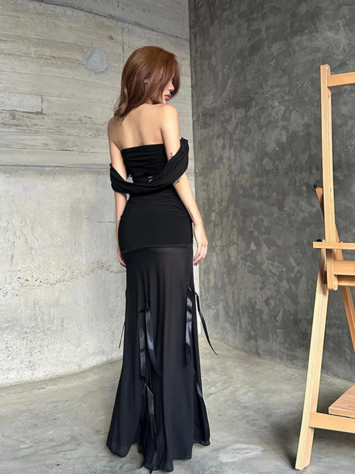 فستان نسائي طويل بشريط أنيق من Faionable مع غطاء للمؤخرة من البوليستر للربيع والصيف بتصميم Sli