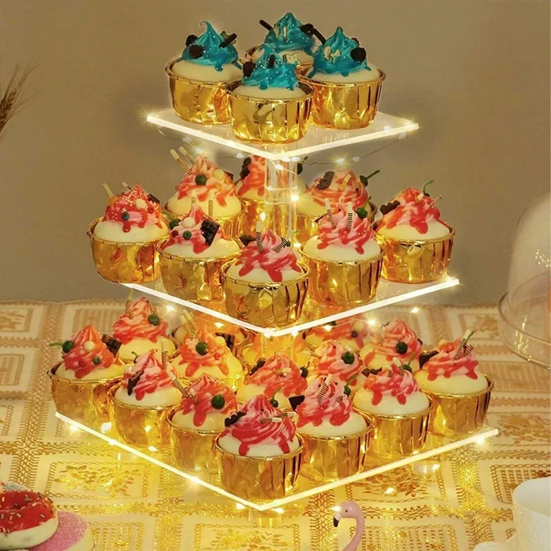 

TOPLIVING 3/4 Tier Acrylic Cupcake Display Stand with LED Light Cupcake Tower Stand Multifunctional Cake Serving Platter for Cel