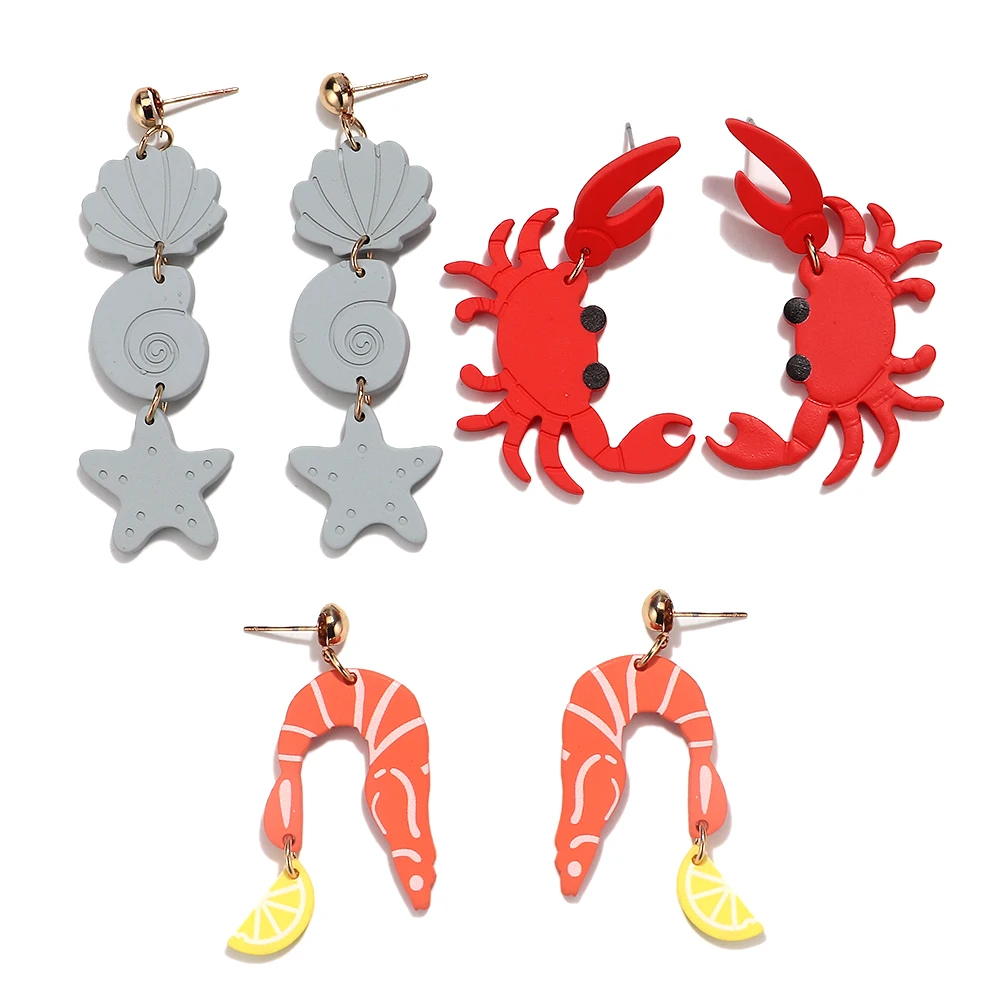 Cute Matte Acrylic Starfish Fish Crabs Prawns Long Pendant Earrings Funny Marine Animals Dangle Earring Beach Jewelry Gifts