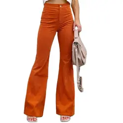 2023 Corduroy Casual Trousers Women Autumn Winter Solid High-waist Flare Pants Lady Slim Black Gray Khaki Orange Long Pants