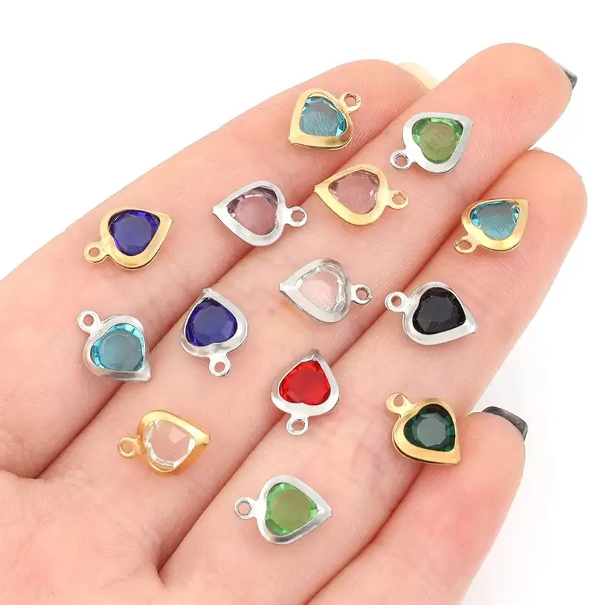 10 sztuk/partia Zawieszki ze stali nierdzewnej Okrągłe Serce Kolorowe Kryształki z Cyrkoniami Koraliki Charms DIY Naszyjnik Bransoletka Do Wyrobu Biżuterii