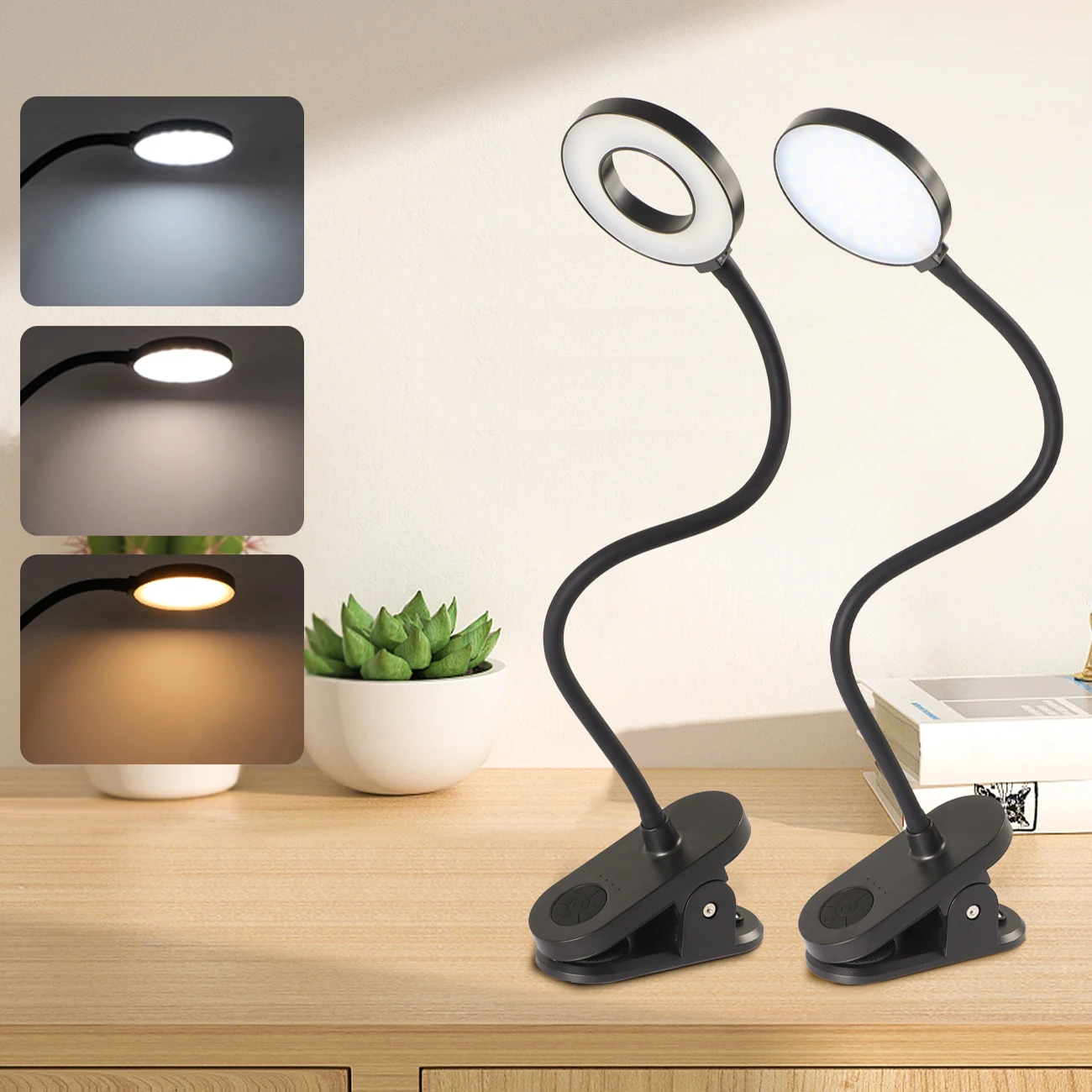 

USB charging clip desk lamp bedside reading lamp with 3 color modes and adjustable brightness - Black