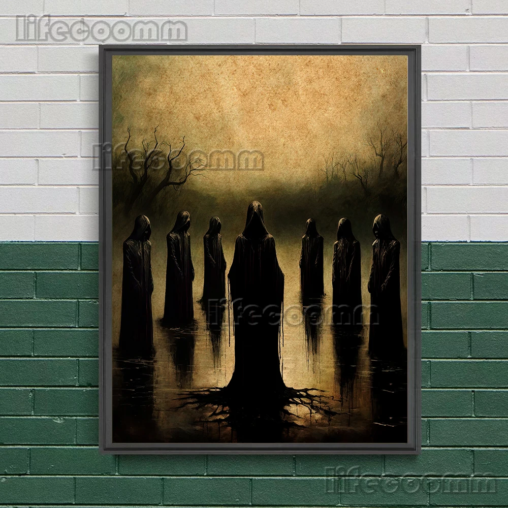 Dead Spirits Are Walking On The Beach And Circle Of Witches Vintage Wall Art Canvas Print Macabre Dreamy Art Poster Print Decor
