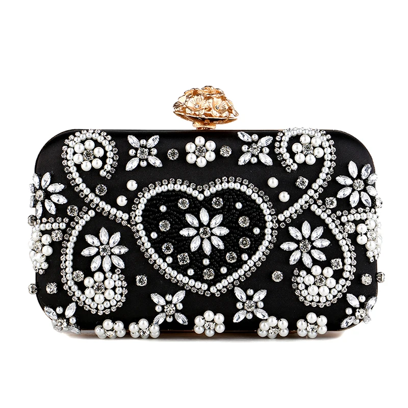 Satin Vintage Women Evening Bags Metal Flower Luxury Diamonds Clutch Black Color Rhinestones Chain Shoulder Handbags