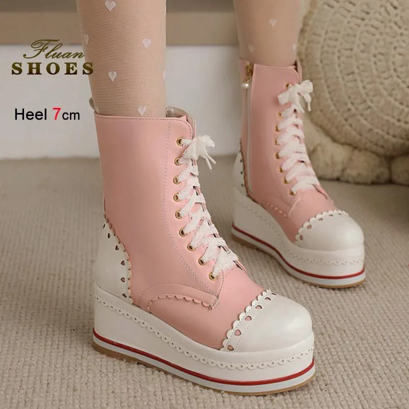 

New Fashionable Women's Boots for Students Pink Height Increase Princess Shoes Short Boots Autumn Winter Thick Soled Ankle Boots
