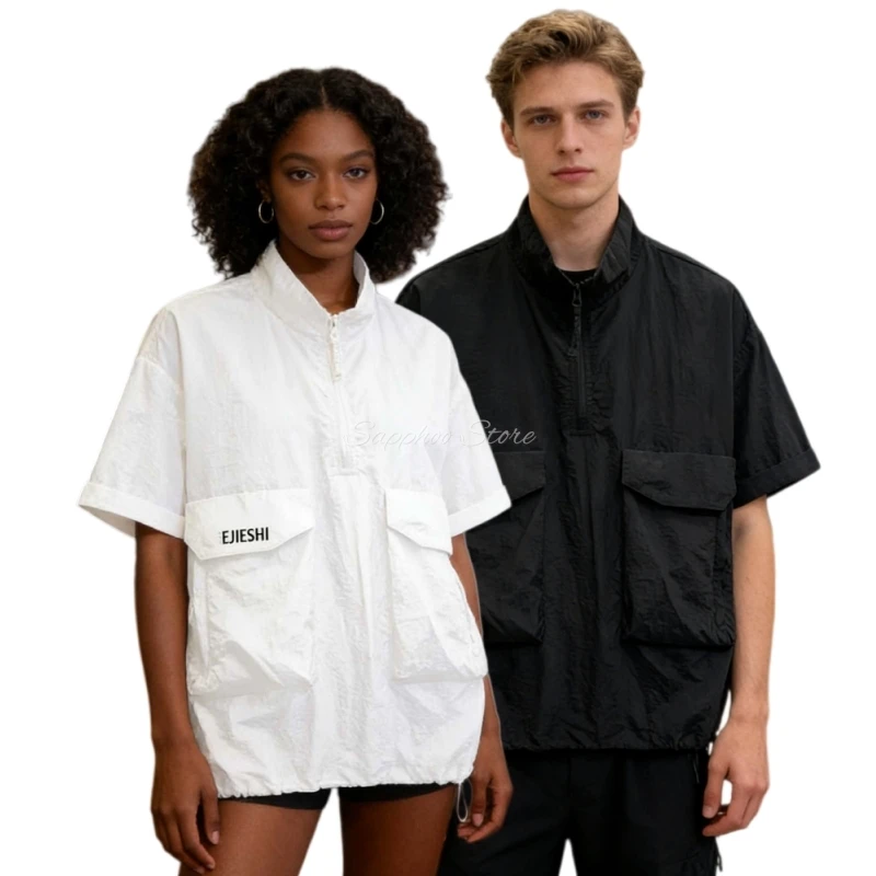 

Мужская летняя футболка свободного кроя с коротким рукавом на молнии из охлаждающего ледяного шелка, рабочая одежда, модный бренд, мужская одежда с воротником-стойкой