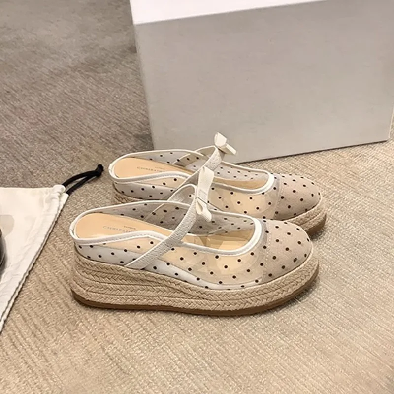 

8CM Women's Shoes Exquisite Mesh Fabric Wedge Heel Slippers for Woman Fashion Baotou Casual Shoe Designer Shoes Zapatos De Mujer