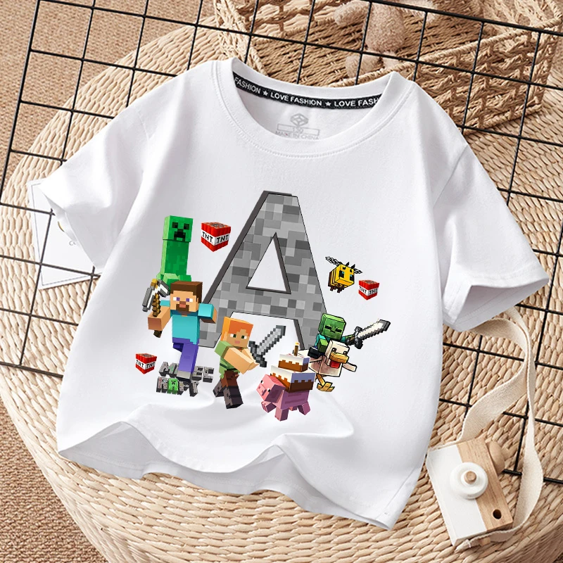 Minecrafted Children T-Shirt Cartoon Letter A-Z Cotton Tops Kids Boy Girl Tees Shirts Casual Clothes Birthday Party Gift New