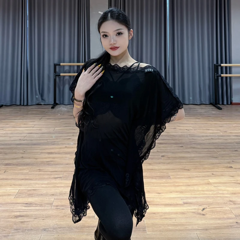 

Women Black Latin Dance Competition Top Female Short Sleeves Latin Dance Smock Adults Ballroom Dance Training Wear SL15115