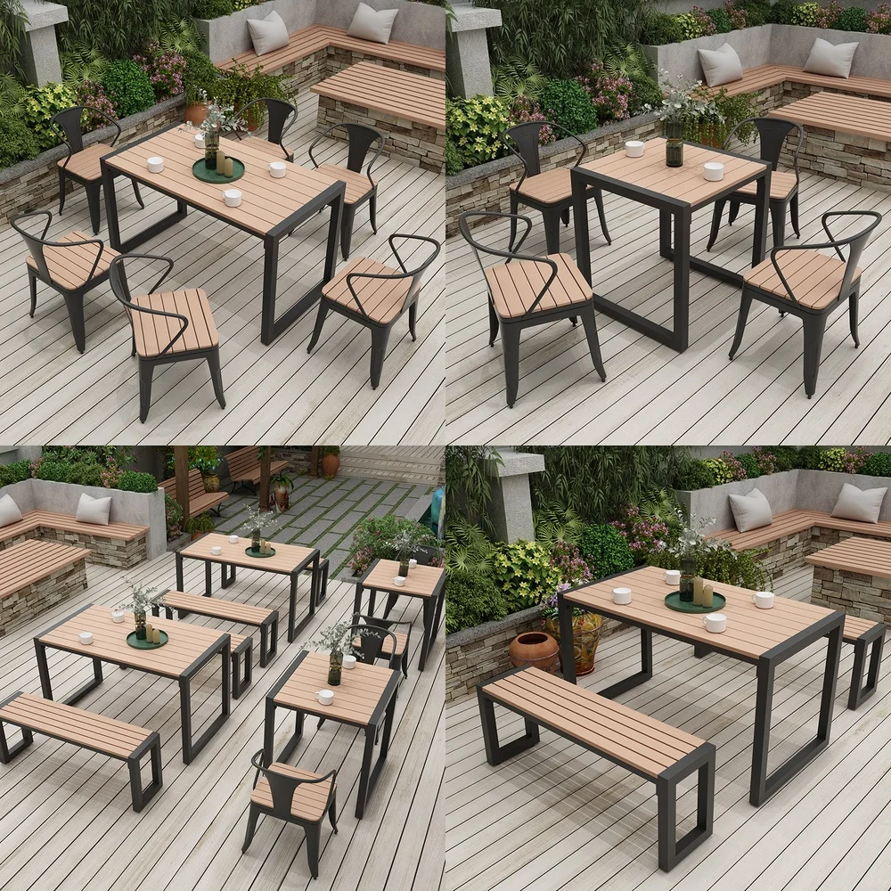 Modern Outdoor Table and Chair Set for Patio Garden Courtyard Balcony for Plastic Wood Strip Wrought Iron Furniture for