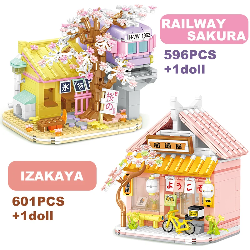 

Creative City Street View Izakaya Sakura Tree House Train Model Building Blocks Cherry Blossom Hut Bricks Toys Gift For Kid Girl