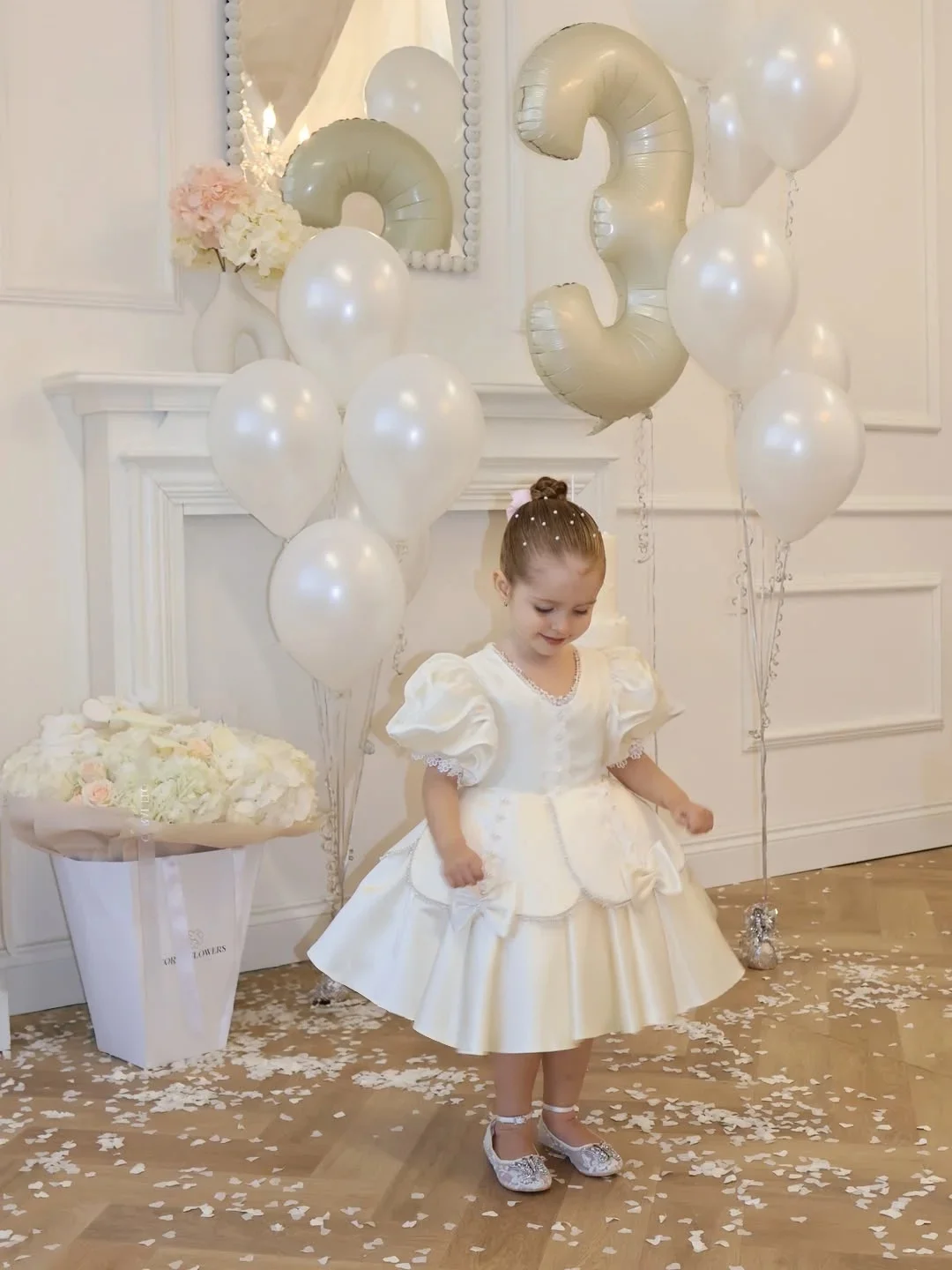 custom-puff-sleeve-satin-lace-bow-mini-luxury-dress-women-wedding-guest-gown-kids-wedding-outfit-luxurious-birthday-party