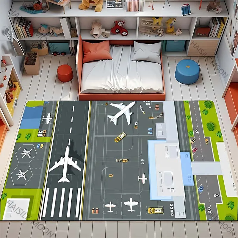 3D HD Aviation Theme Airplane Runway Printed Carpet! Anti-slip Sound Insulation, Living Room Bedroom Entrance Door Mat Sofa Rugs