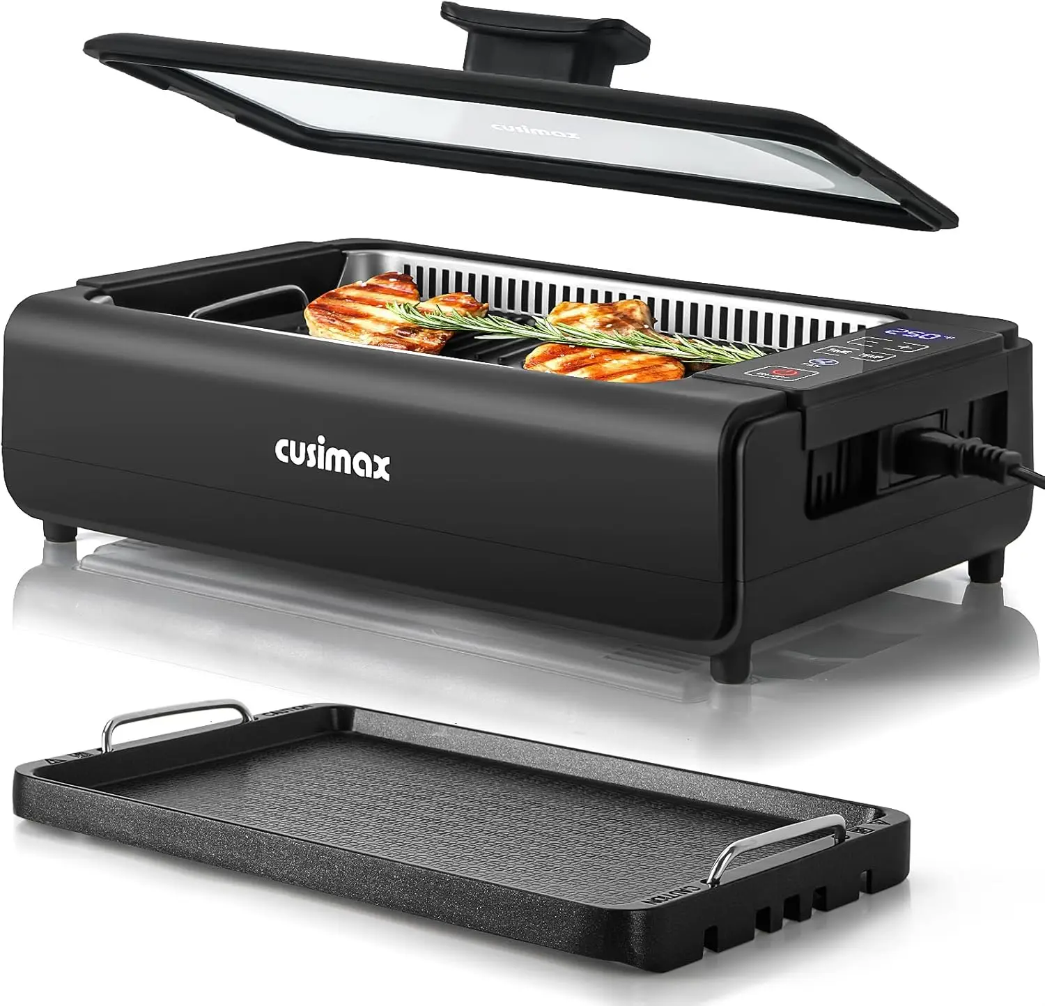 

1200W Indoor Smokeless BBQ Grill with Non-Stick Plates, LED Display, Tempered Glass Lid, Adjustable Temp