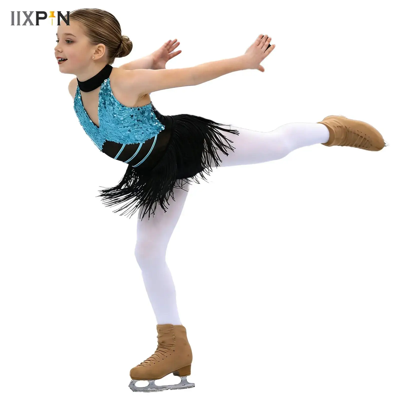 

Kids Girls Jazz Fringed Jumpsuit Sparkly Sequins Cha-cha Latin Dance Costume Halter Rumba Tango Tassel Leotard Dress Dancewear