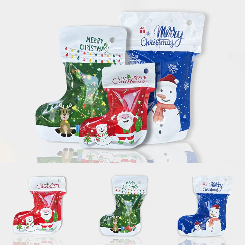 Christmas Socks Boots Shape Gift Bags Xmas New Year Wrapping Gift Packaging Bag Plastic Stand Up Self Sealing Candy Bag