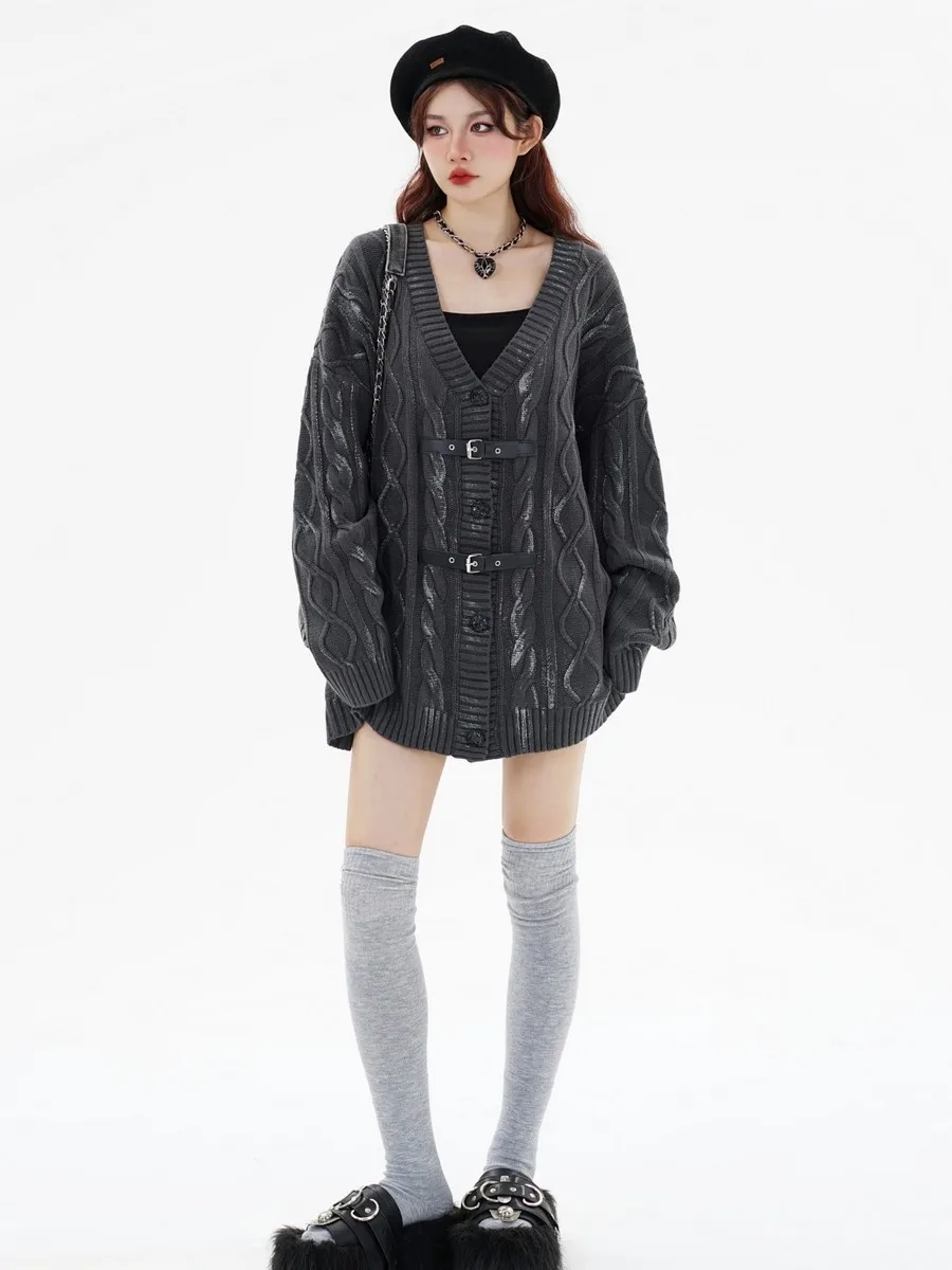 

Designer Belts Buttons Cardigan Sweaters For Women Girls Bleach Grunge Gothic Aesthetic Knitwear Streetwear Winter Fall Clothes