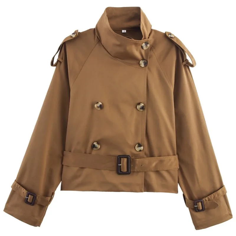 2025 Autumn New Women's Street-Style Collared Trench Coat Short-Length Outerwear Belt Buckle Detail Stylish Windproof Jacket