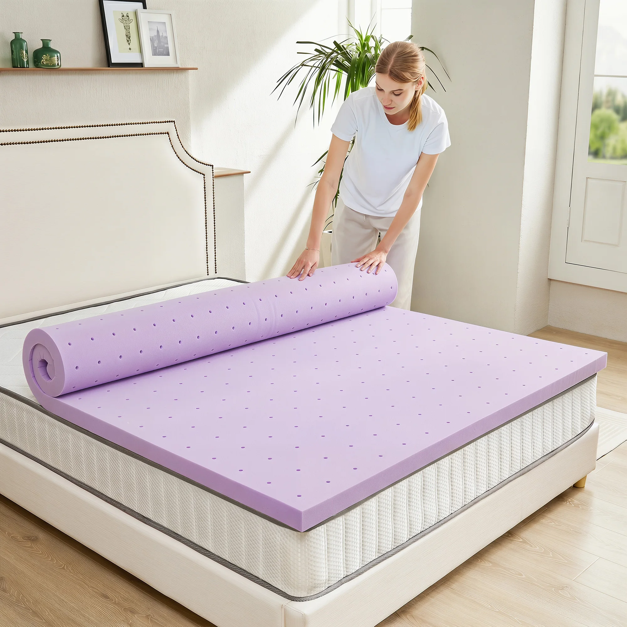 MCQ 4 Inch Memory Foam Mattress Topper Full Size Cooling Gel Breathable Soft Bed Pad Purple for Home Bedroom