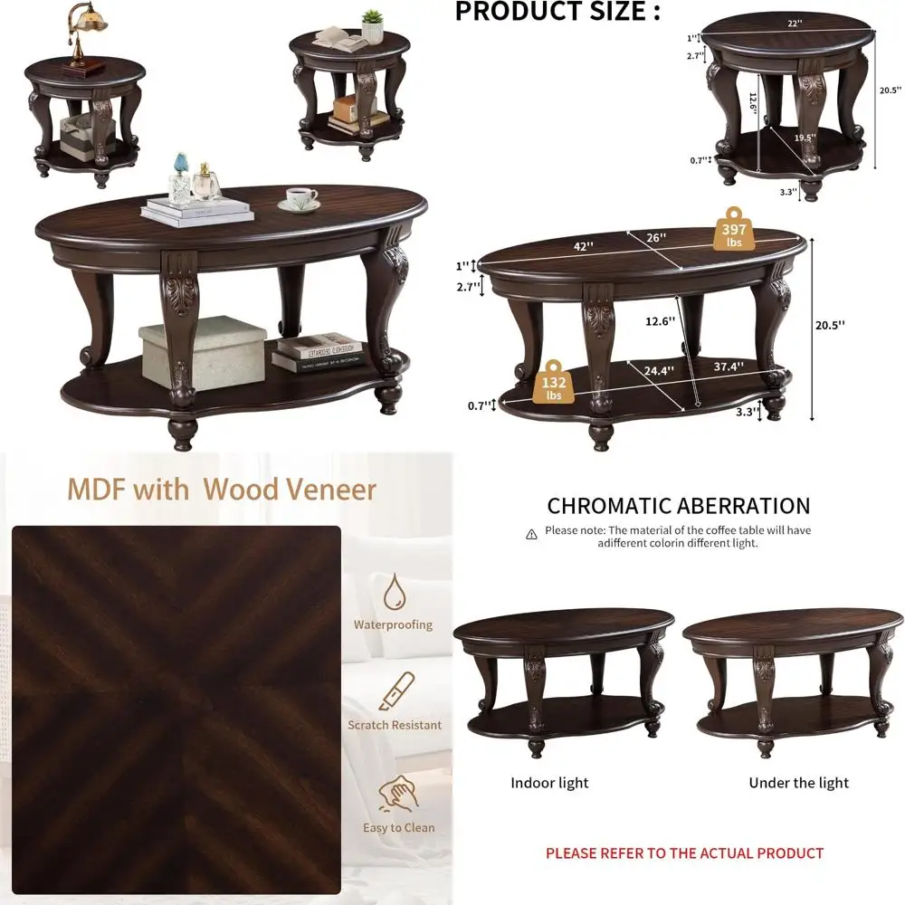 

Espresso Oval and Round Coffee Table Set with Storage Shelf for Farmhouse Living Room