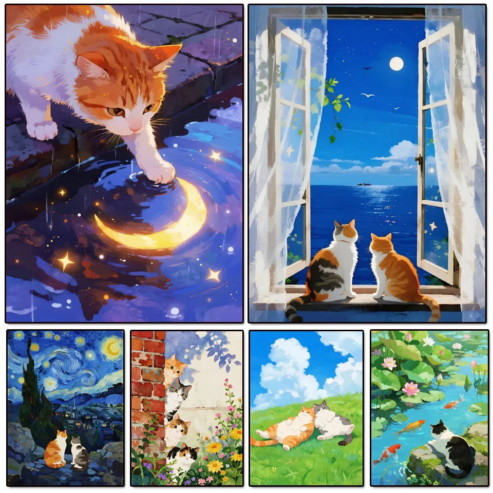

DIY алмазная живопись набор для вышивки крестом кошка луна подоконник горный хрусталь мозаика животное искусство рыба цветы вышивка домашний декор подарок