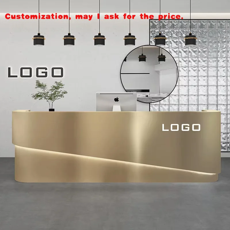 مخصص. الحد الأدنى مكتب الاستقبال الحديث منحني الفولاذ المقاوم للصدأ الجبهة مكافحة متجر الملابس الفاخرة الخروج صالون الحلاقة/B