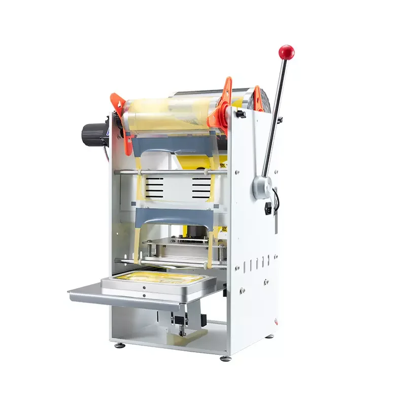 Halbautomatischer Tisch-Folienschweißer zum Verpacken von Lebensmitteln, Obst, Fleisch und Getränken in Folie und Schachteln für kleine Räume.