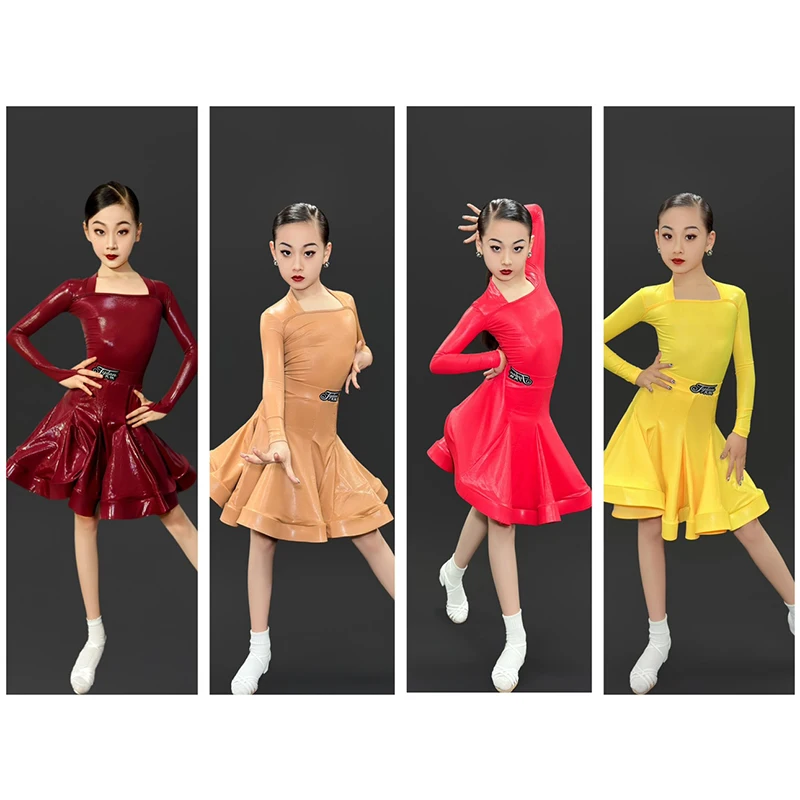 

New Girls Latin Dance Clothes Professional Competition Dress Long Sleeves Cha Cha Rumba Samba Training Practice Dress DNV23257