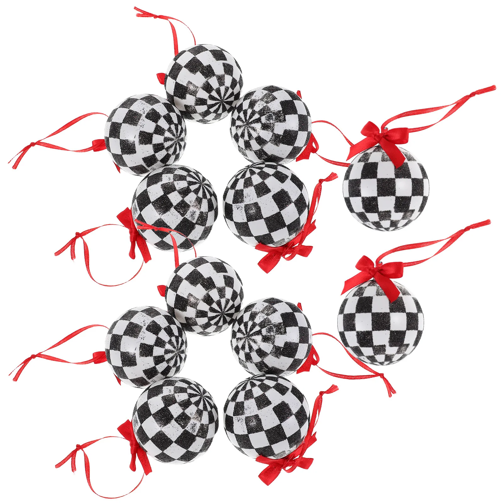 

12pcs Christmas Decoration Balls 6Cm Retro Holiday Hanging Ornaments Black White Checkered Glitter Baubles Red Bow Xmas Tree