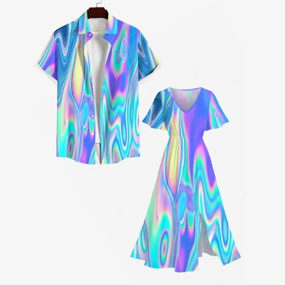 Colorful Neon Light Beam 3D Print Split Dress, Same Stye Short Sleeves Shirts Plus Size Matching Hawaii Beach Outfit For Couples