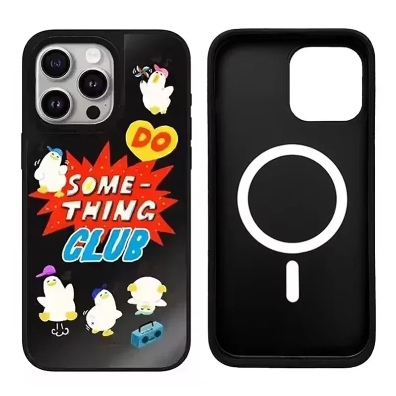 

Cartoon Duck Black iPhone 12 13 14 15 Pro Max Mirror Surface MagSafe Case Cover Shell