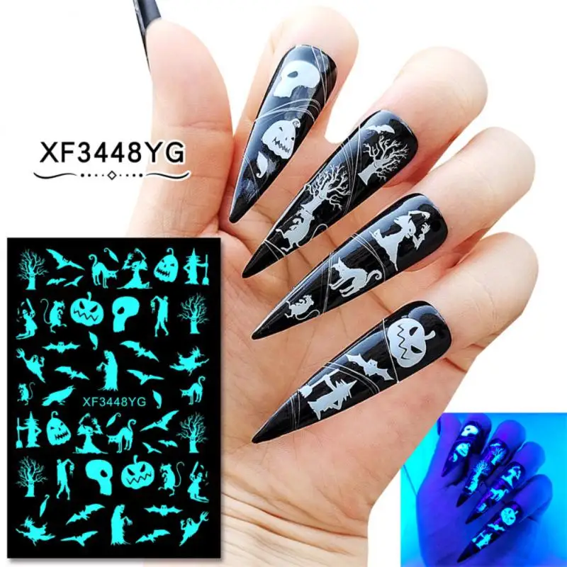 1~10PCS Luminous Nail Stickers Set Halloween Laser Pumpkin Skull Nail Sticker Manicure Design Adhesive Tips Nail Art Decorations