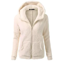 Jacket Women Autumn Winter Fleece Hooded Overcoat Loose Solid Color Pocket Pullover Classic Windproof Zipper Up Overcoat 2024