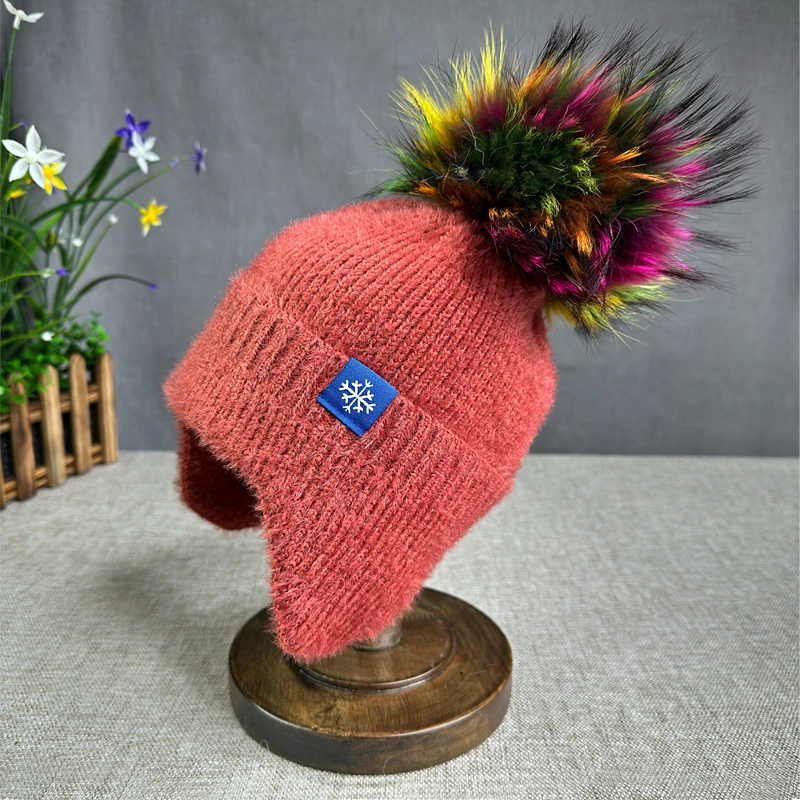 Natürliche pelz pompom frauen Winter Gestrickte Hut Outdoor Radfahren Gehörschutz Warme Schirmmütze Lässige Mode Hüte – Detail 9