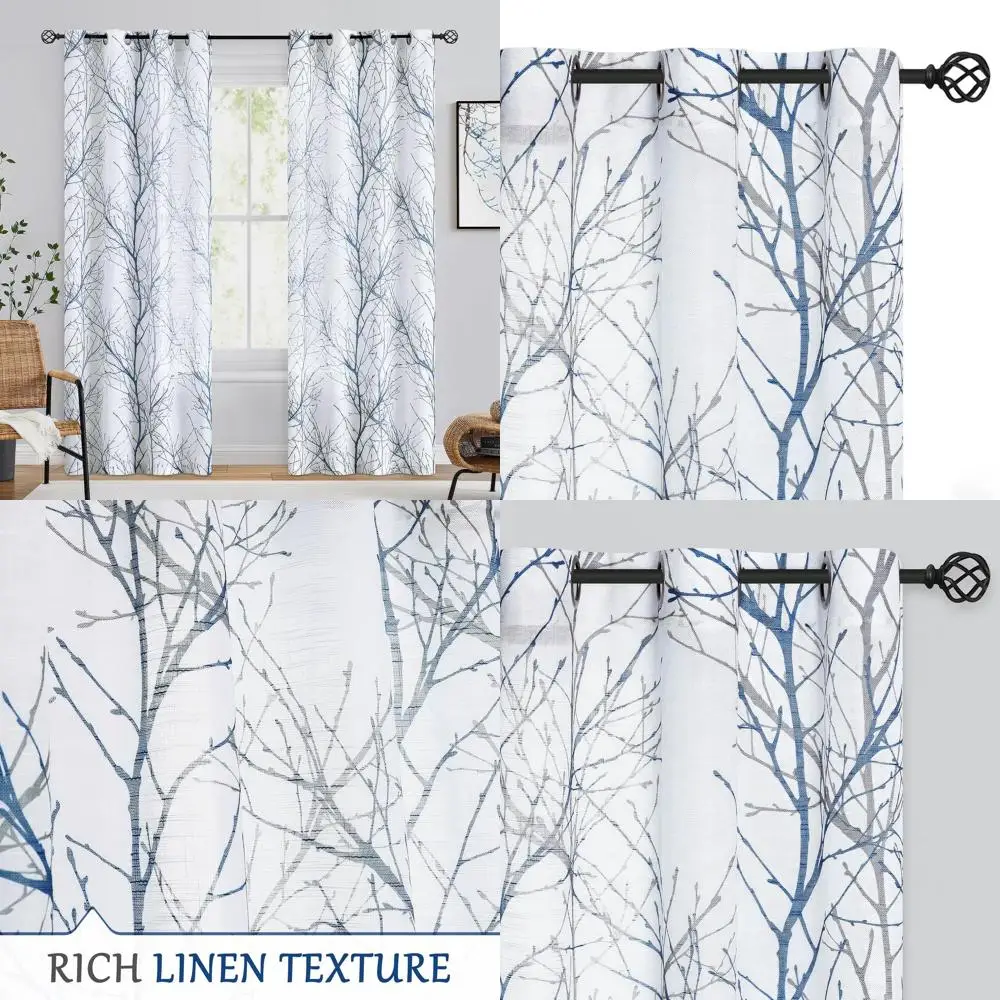 

Сине-белые льняные полупрозрачные шторы, 108 для спальни и гостиной, узор серого дерева, фильтрация света, верхняя часть люверса, 2 панели
