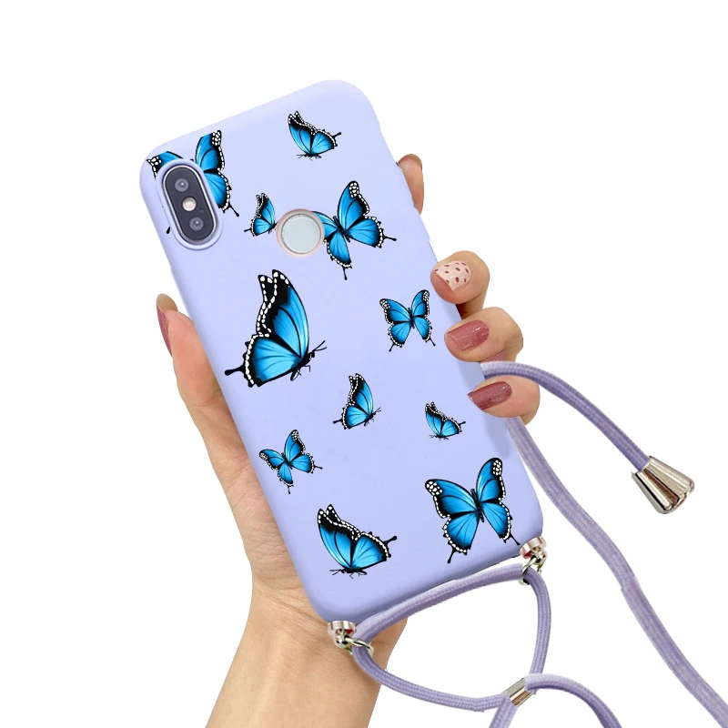 case for Xiaomi Redmi Note 8 9 10 7 Pro 9S 9A 9C 8T 10C 10A 12C Strap Cord Chain Necklace Butterfly Flower Love heart Phone Case