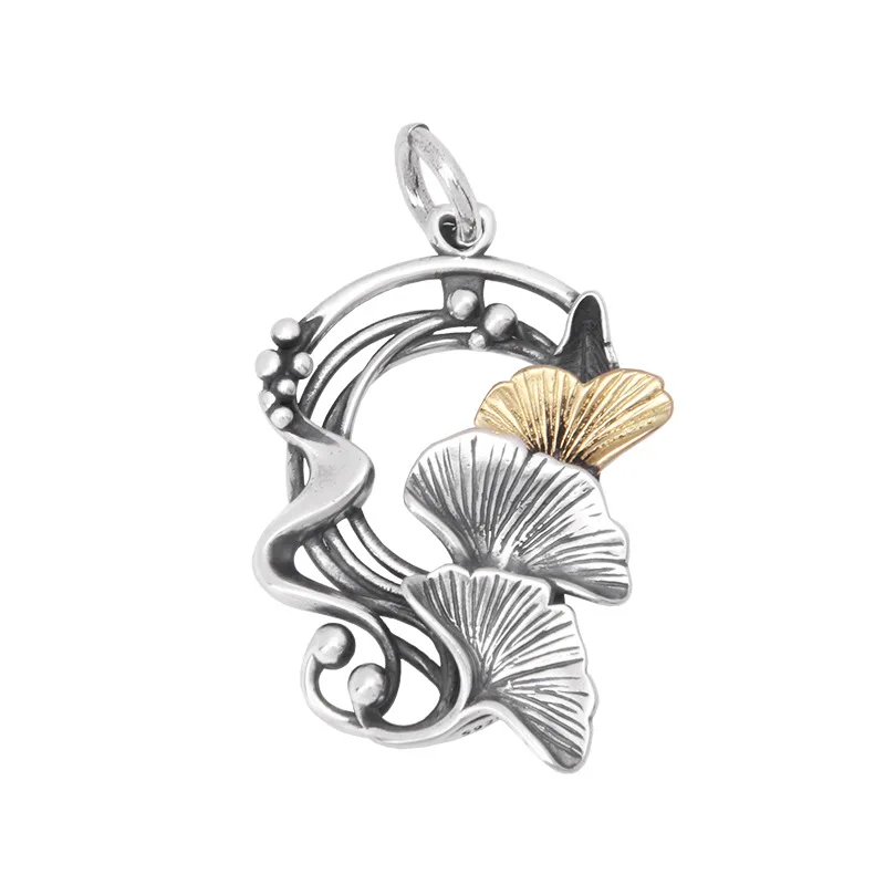 

Bestlybuy Real New S925 Sterling Vintage Three-Dimensional Cool Breeze Gold And Silver Contrast Ginkgo Leaf Pendant,