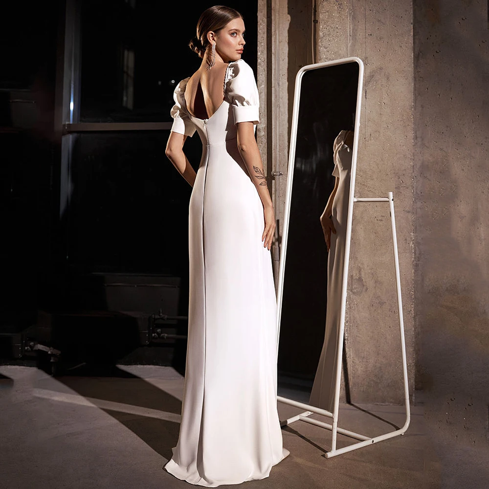 Vintage Sheath Floor Length Wedding Dress V-Neck Puff Short Sleeve Sexy Open Back Classic Zipper Bride Customized Gowns Robe