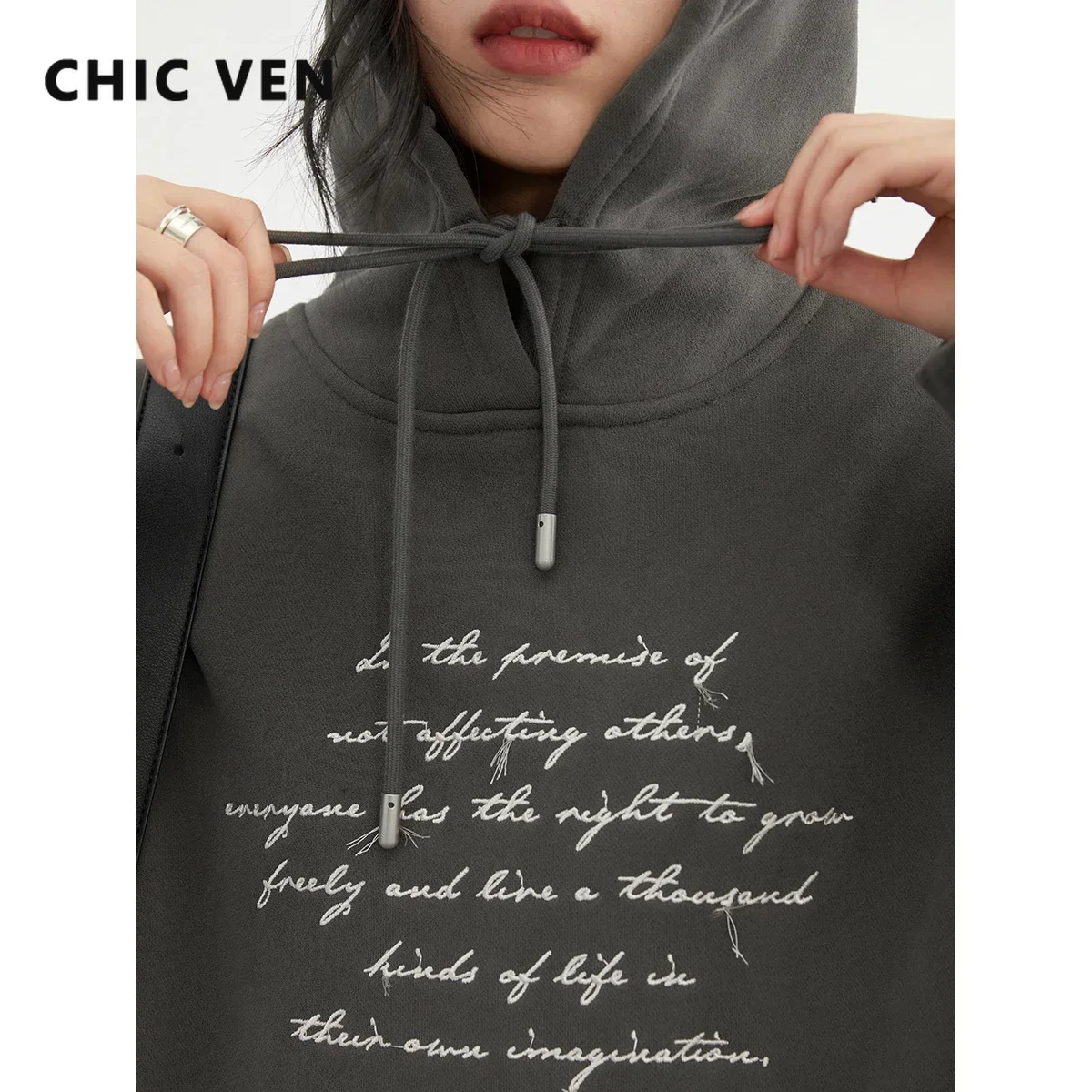 CHIC VEN Women\'s Sweatshirts Hoodie Loose Casual Plush Letters Embroidered Thick Warm Woman Hoodies Coat Winter Autumn 2023