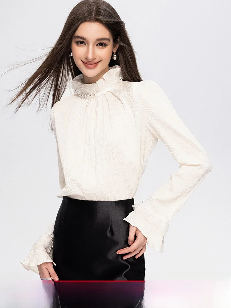 

Новая женская приталенная блузка Chill Zoe Vintage Lace 2026 из полиэстера с длинным рукавом, стандартной длины, с воротником, 95% полиэфирное волокно