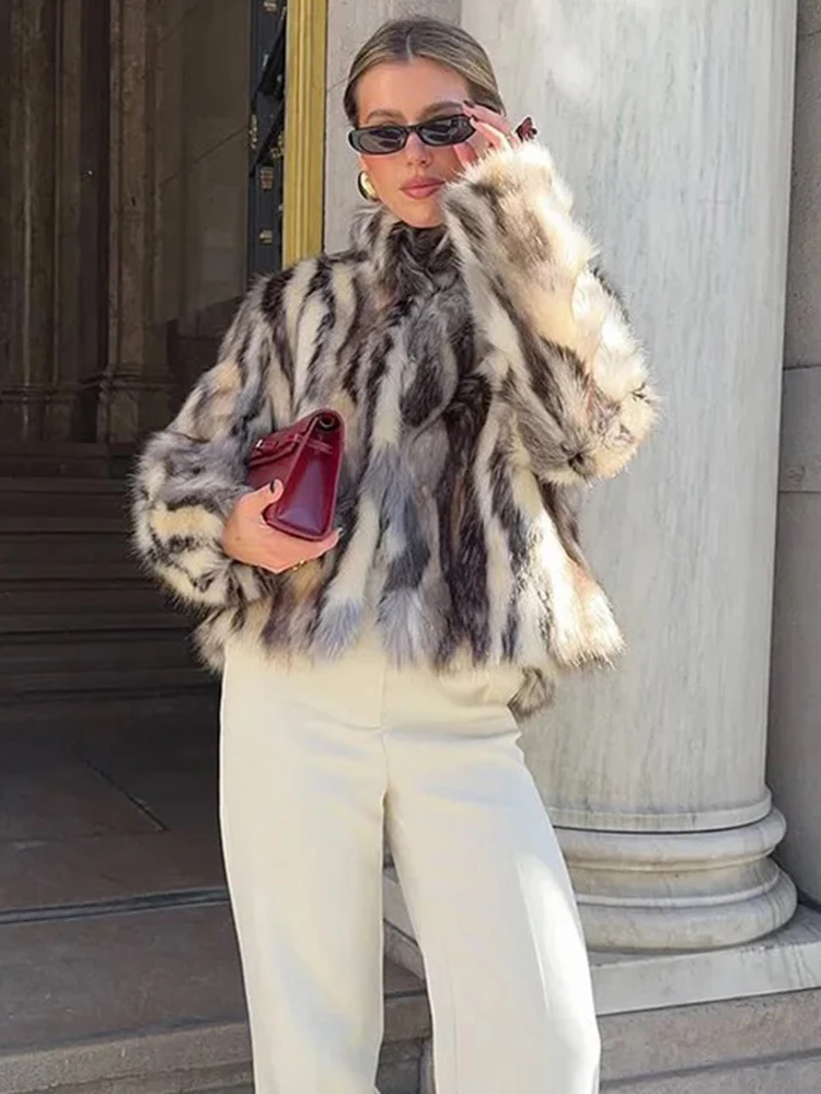 

Women Fashion Winter New Long Sleeves Animal Print Faux Fur Standing Collar Jacket Warm Short Coat