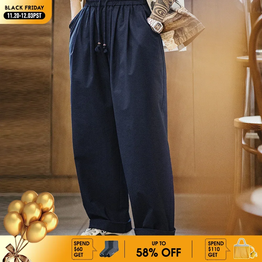 

Maden повседневные мужские легкие брюки из хлопка с эластичной резинкой на талии, свободные широкие дышащие брюки, темно-синие универсальные брюки