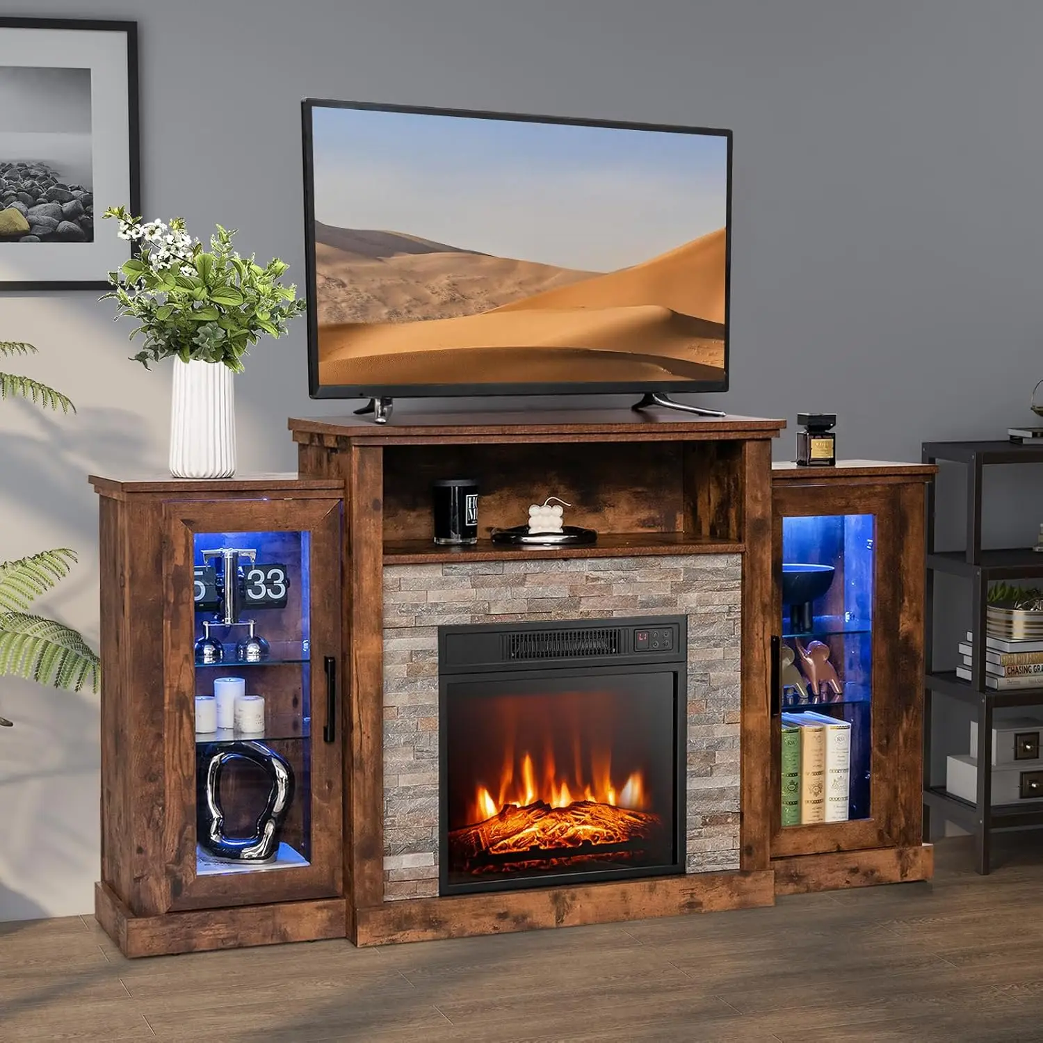 

Fireplace TV Stand with LED Lights for TV up to 65”, Entertainment Center with 18” Electric Fireplace, Remote & APP Control