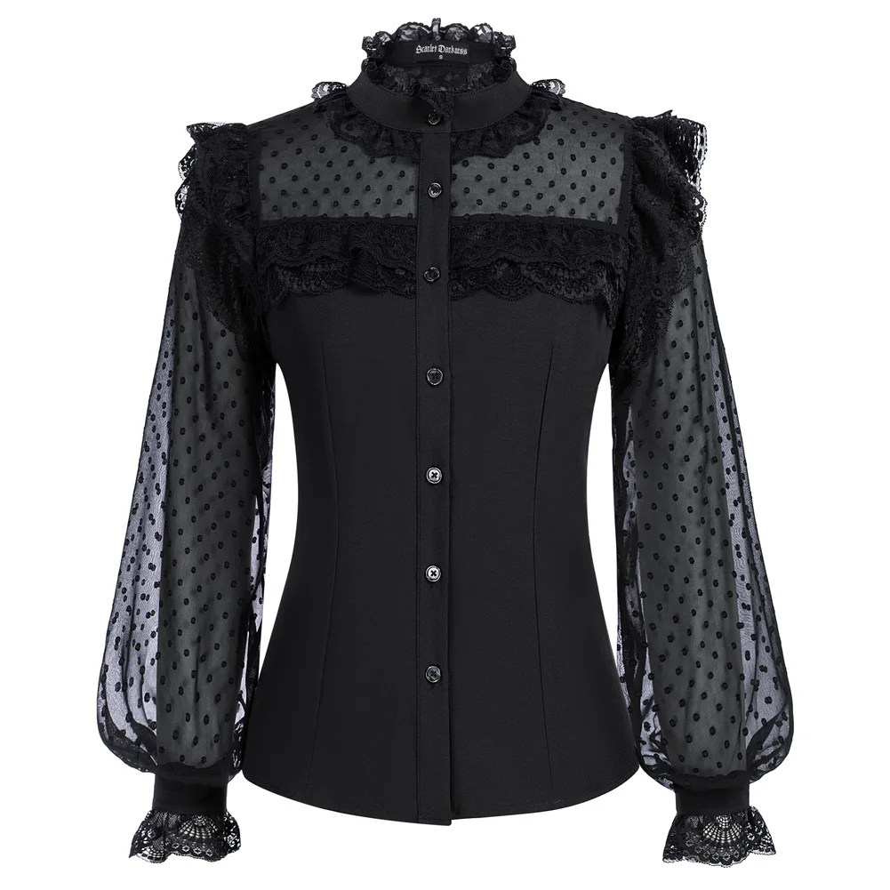 

SD Women Renaissance Mesh Patchwork Shirt Dressy Casual Stand Collar Polka Dot Long Sleeve Tops Victorian Lace Up Blosue A30