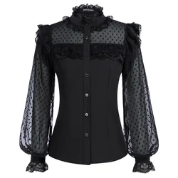 SD camisa de retales de malla renacentista para mujer, Tops de manga larga con cuello levantado, lunares, encaje victoriano, Blosue A30