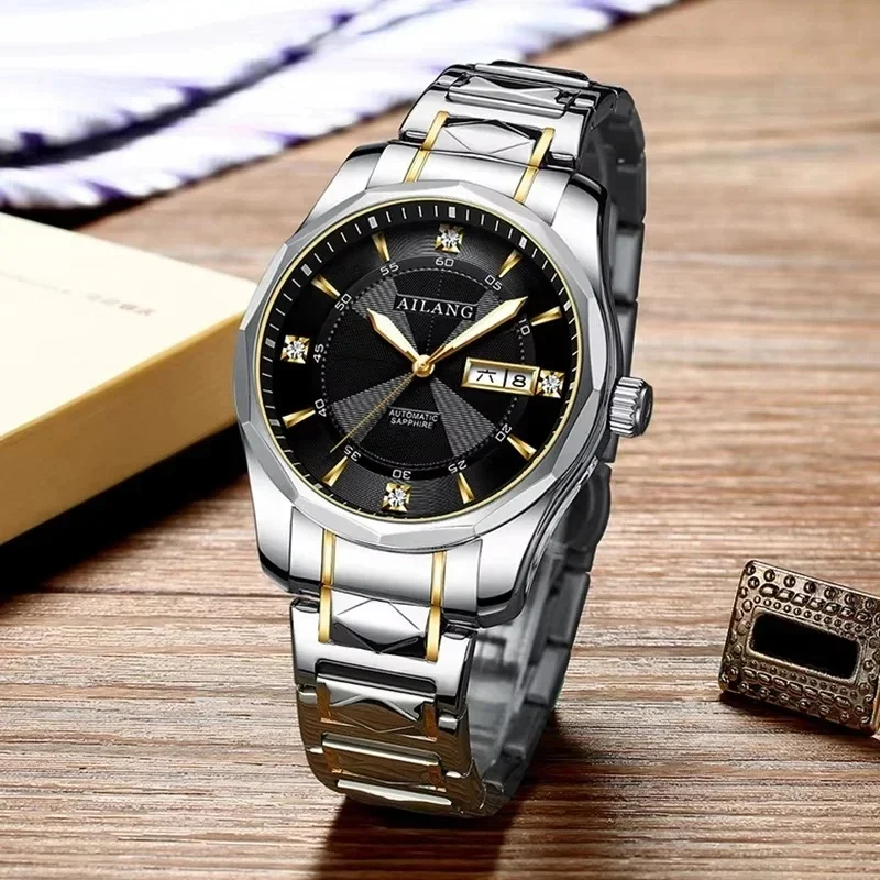AILANG-8612 Men Automatic Mechanical Watch Two-tone Stainless Steel Band Diamond Dial Dual Calendar  Business Wristwatc