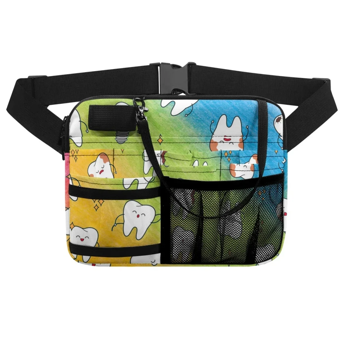 Cartoon Colorful Tooth Dentist Designer Fanny Pack Multi Compartment Medical Belt Bags for Stethoscopes Bandage Scissor Female