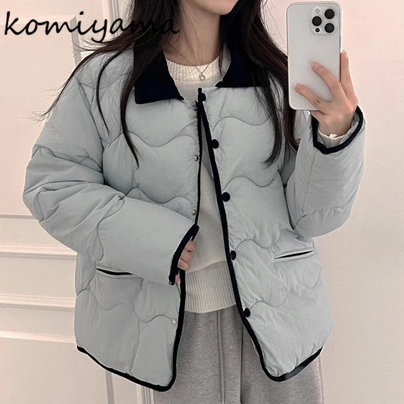 Contrast Wave Parkas Laple Neck Long Sleeve Outerwears Single Breasted Ropa Mujer 2024 Woman Casaco Winter Warm Loose Jacket