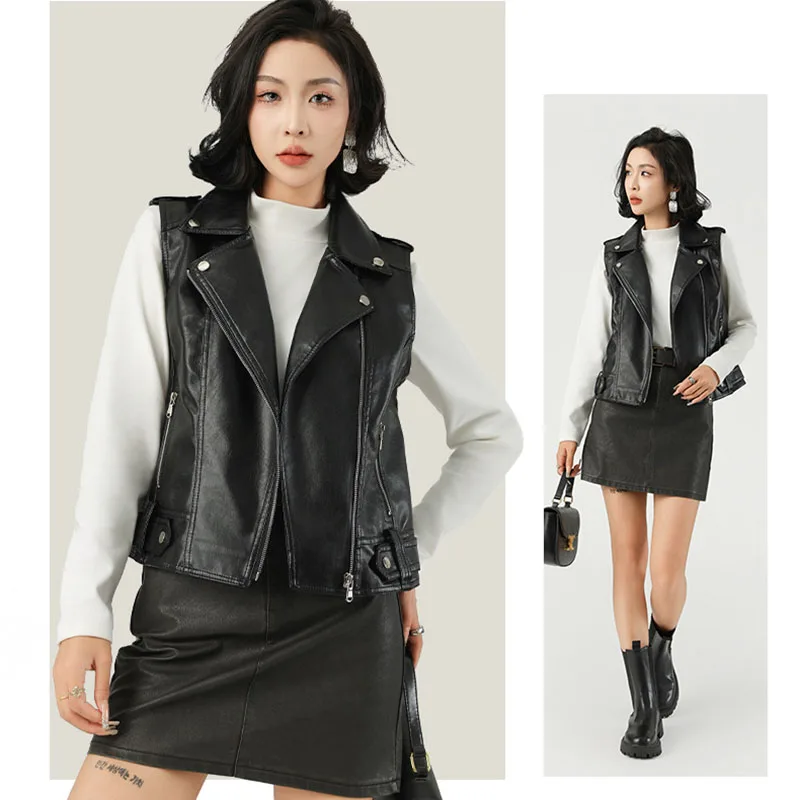 

2025 новый модный жилет из искусственной кожи для женщин, короткое мотоциклетное пальто без рукавов на молнии с лацканами, женский повседневный черный кожаный жилет