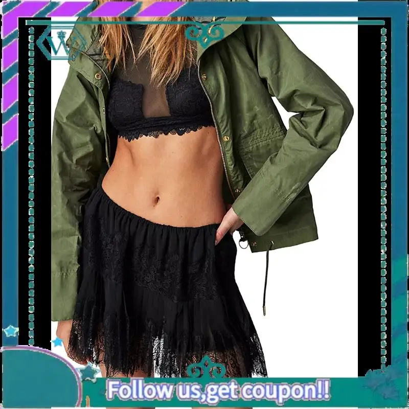 A09P レディース Y2K ハーフスリップスカート ローライズ プリーツ フリル レーストリム スカート レイヤード フローイ ショートスカート アンスコ